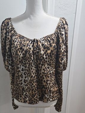 Express Leopard Print Peasant Blouse - Tan, Black
